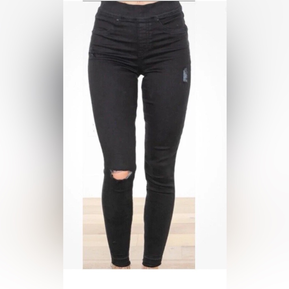 Perfect $128 SPANX ANKLE SKINNY Distressed BLACK pull-on Jeans Jeggings M